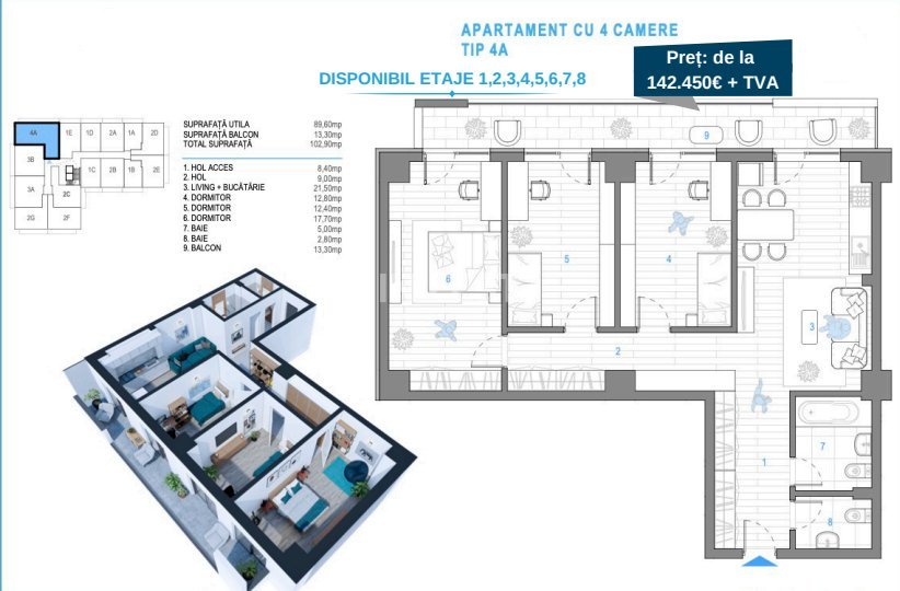 APARTAMENT 4 CAMERE, 103 MP, ETAJ INTERMEDIAR, NICOLINA, comision % !!! - 2
